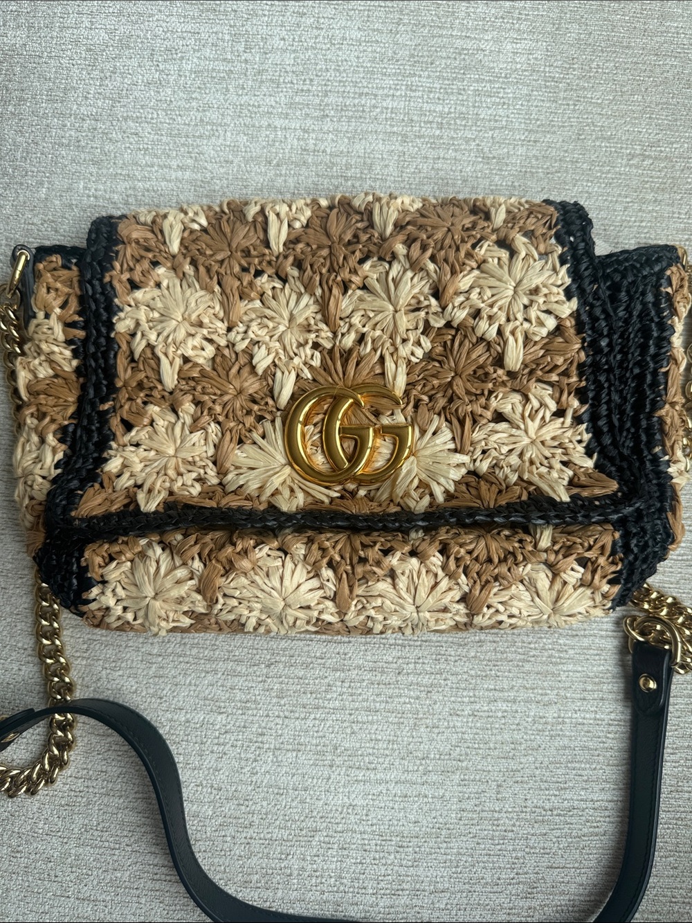 Gucci Beige Brown Raffia Crossbody with Gold Double G